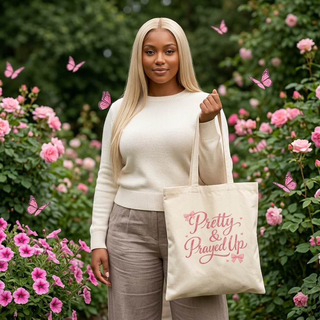 Tote Bag — "Pretty & Prayed Up" Pink Script Cotton Canvas Tote (Faithful, Feminine Everyday Shopper)