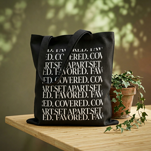 Canvas Tote Bag — Repeated Text Minimalist Art "COVERED. FAVORED. SET APART."