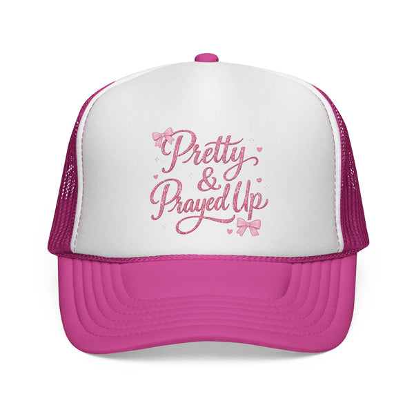 Pretty & Prayed Up Trucker Cap — Pink Floral Faith Mesh Hat
